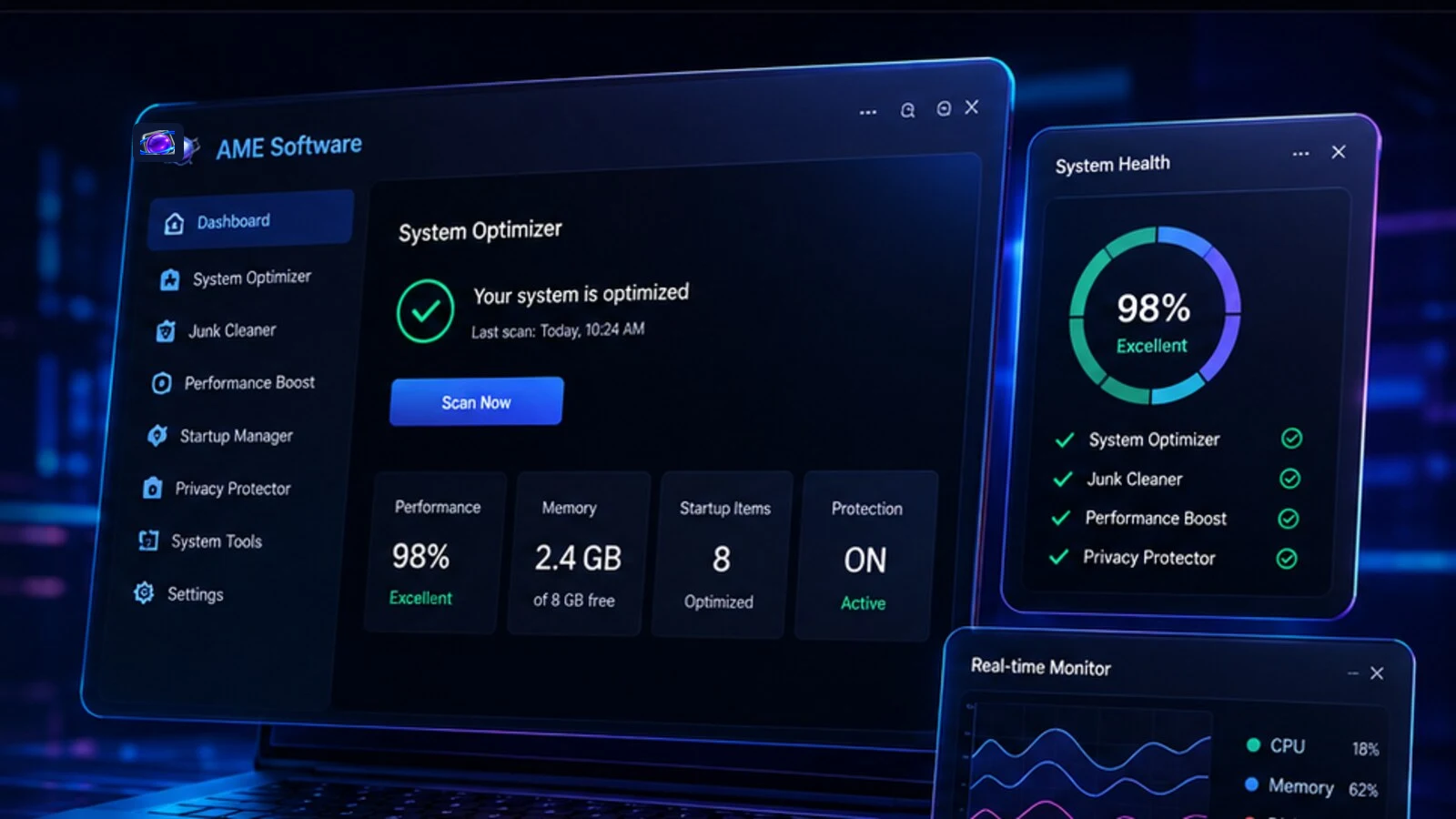 Conceptual AME Software dashboard with system optimization, security, and monitoring panels in blue and violet lighting