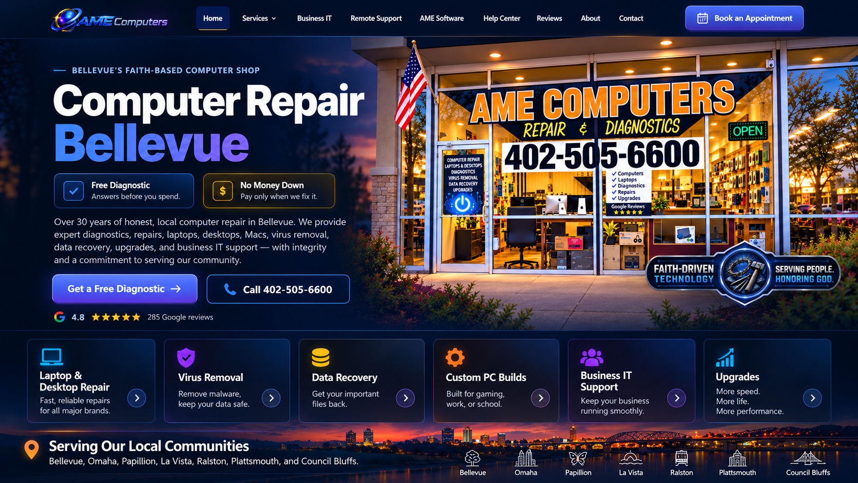 Approved AME Computers storefront artwork with American flag and Faith-Driven Technology emblem: Serving People. Honoring God.