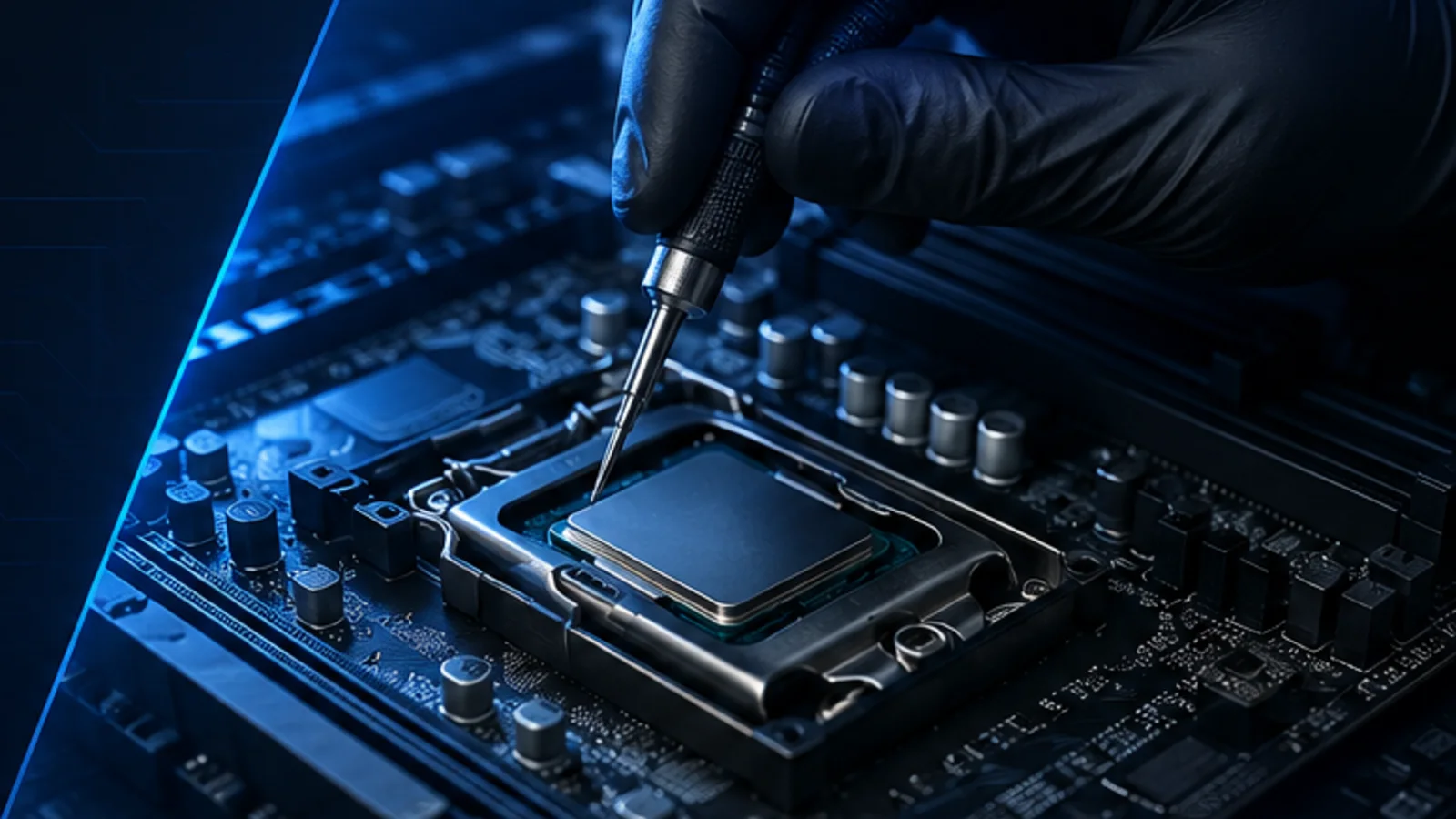 Technician installing a processor on a motherboard for a custom PC build in Bellevue