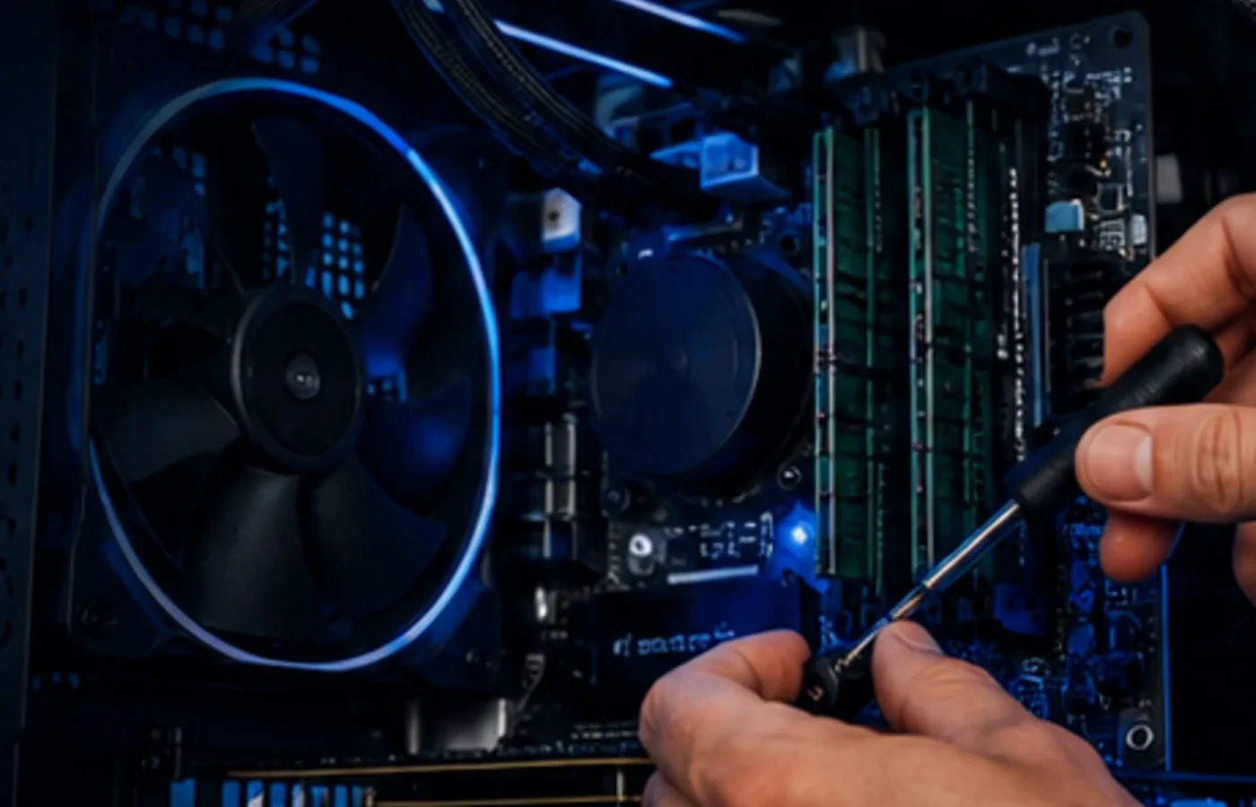 Open desktop PC showing motherboard, memory and cooling during desktop repair in Bellevue, Nebraska
