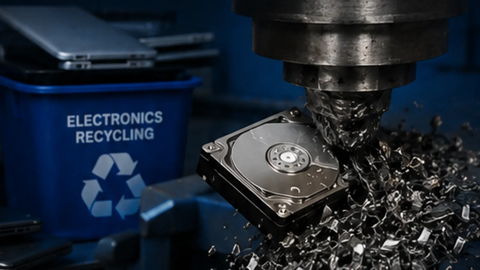 Electronics recycling bin beside a hard drive being physically destroyed