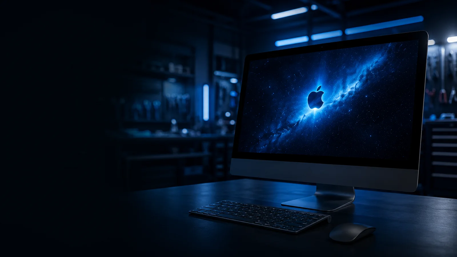 iMac-style desktop in a blue-lit repair workshop for Mac repair in Bellevue