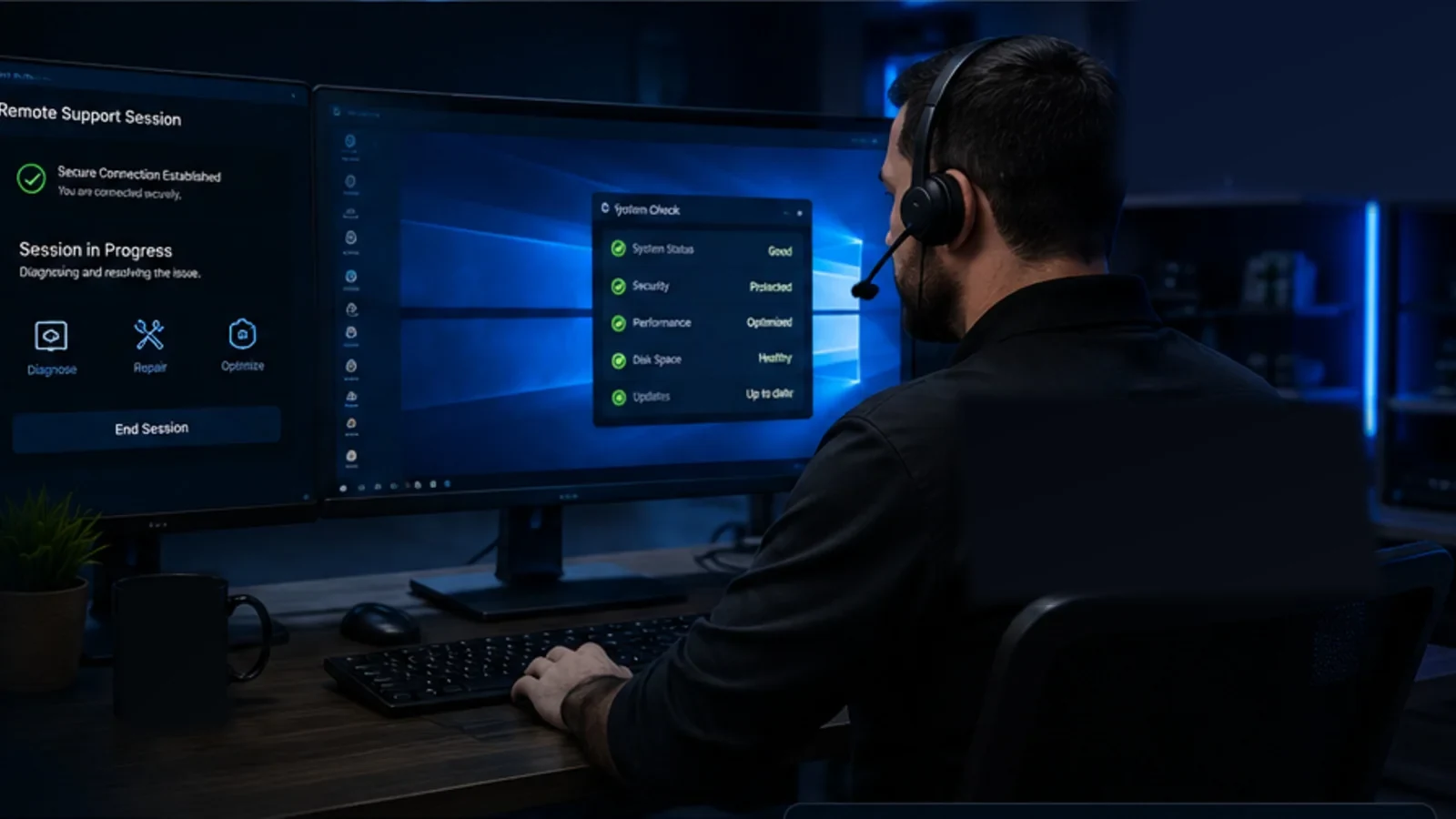 Remote computer support workstation with diagnostic screens and headset