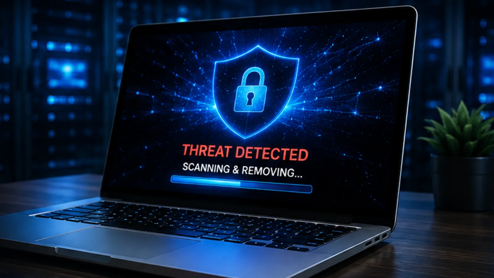 Laptop displaying a security scan on a blue-lit workbench for virus removal in Bellevue